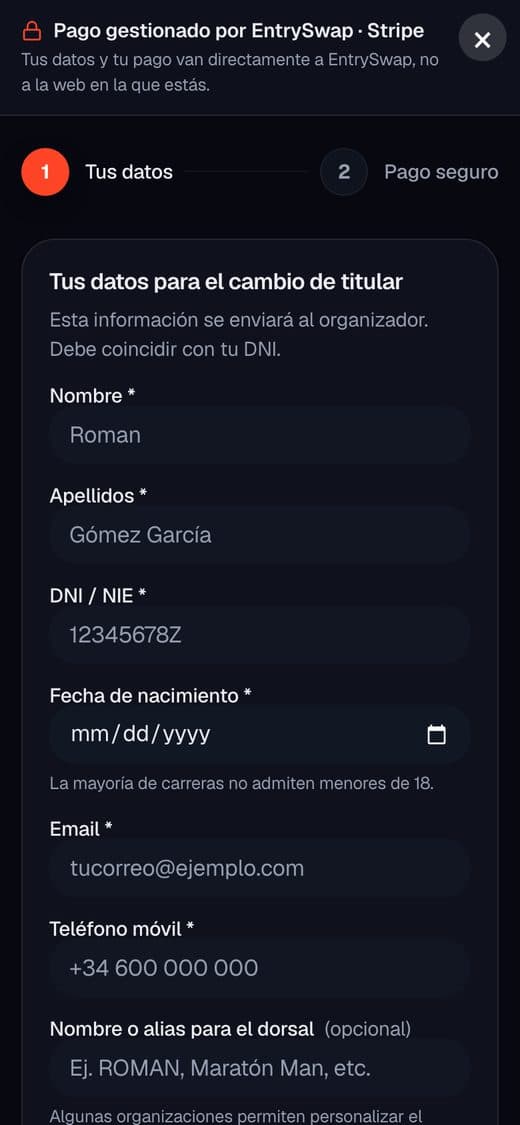 La misma ventana de compra en un móvil, ocupando toda la pantalla